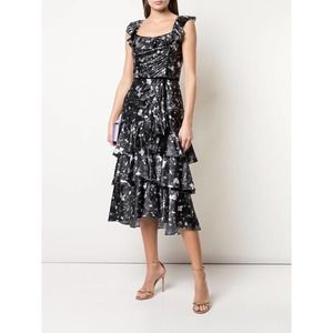 Marchesa Notte Cocktail Dress Floral Print Charm Tiered Black White 8 Medium NWT